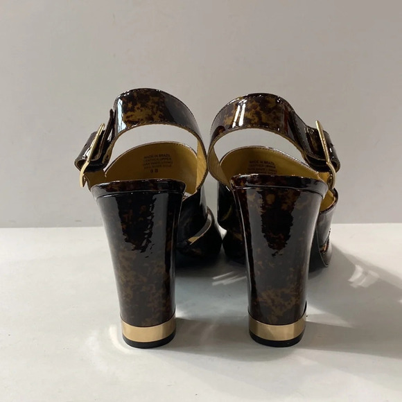 BCBGirls Brown Gold Tortoise Shell Patent Leather Ankle Strap Block Heels Size 9 - Picture 6 of 11